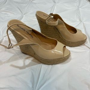 Nude Patent Slingback Peep Toe Buckle Espadrille Wedge Heels